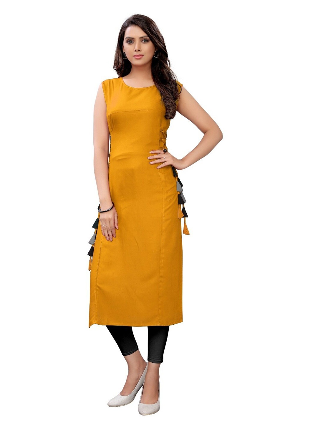 

APNISHA Women Mustard Yellow Solid Regular Kurta