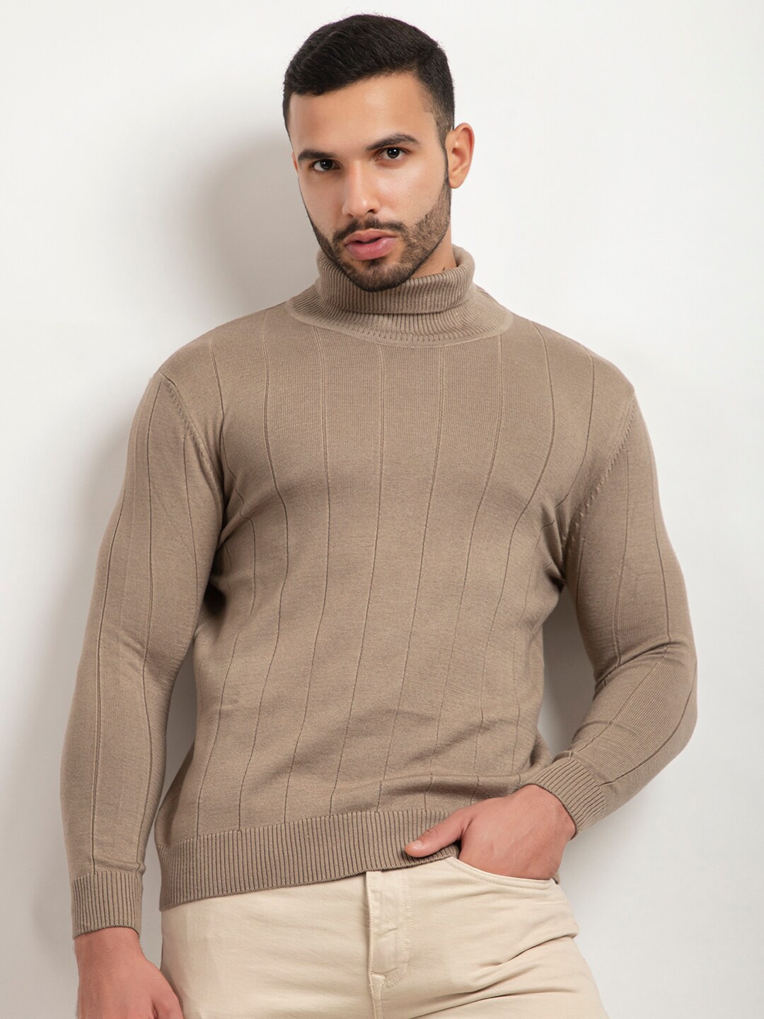 

ARMISTO Men Camel Brown Striped Tailored Fit High Neck Pullover