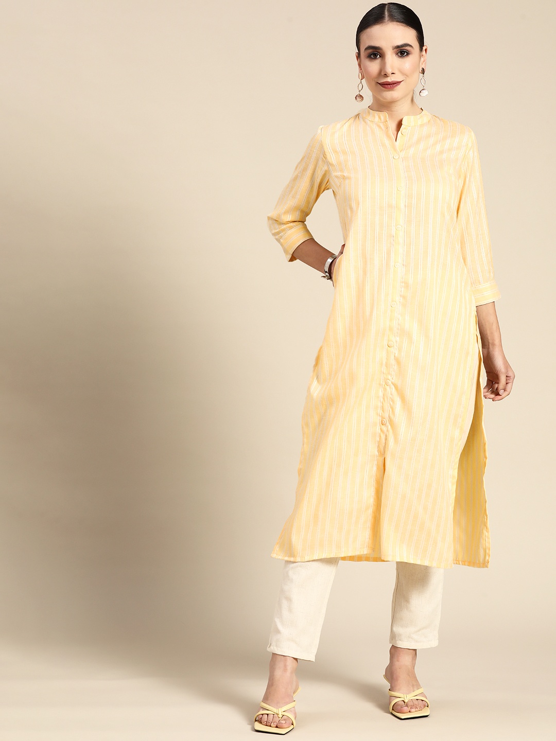 

Anouk Women Yellow Striped Cotton Kurta