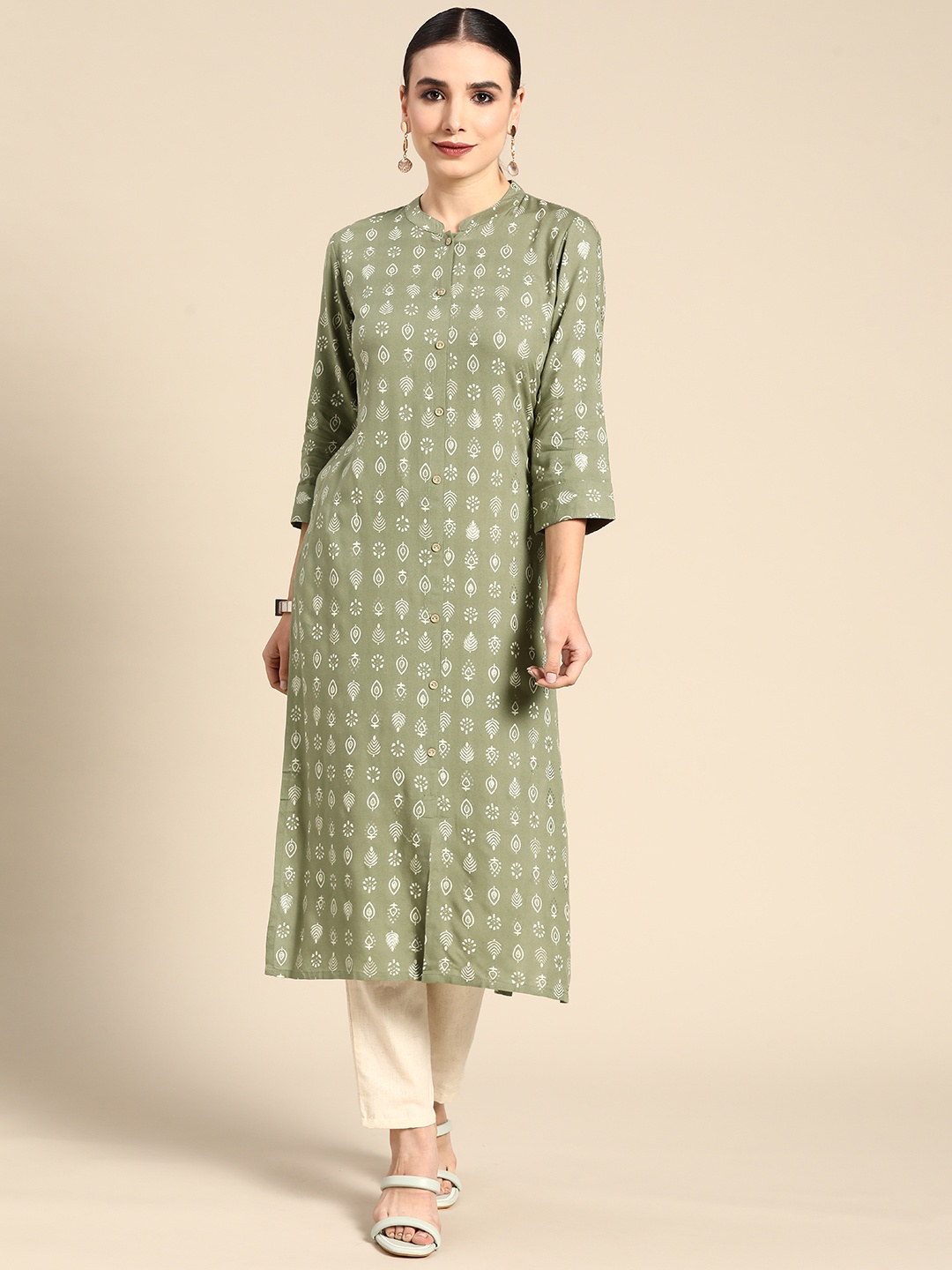 

Anouk Women Olive Green Ethnic Motifs Printed Kurta