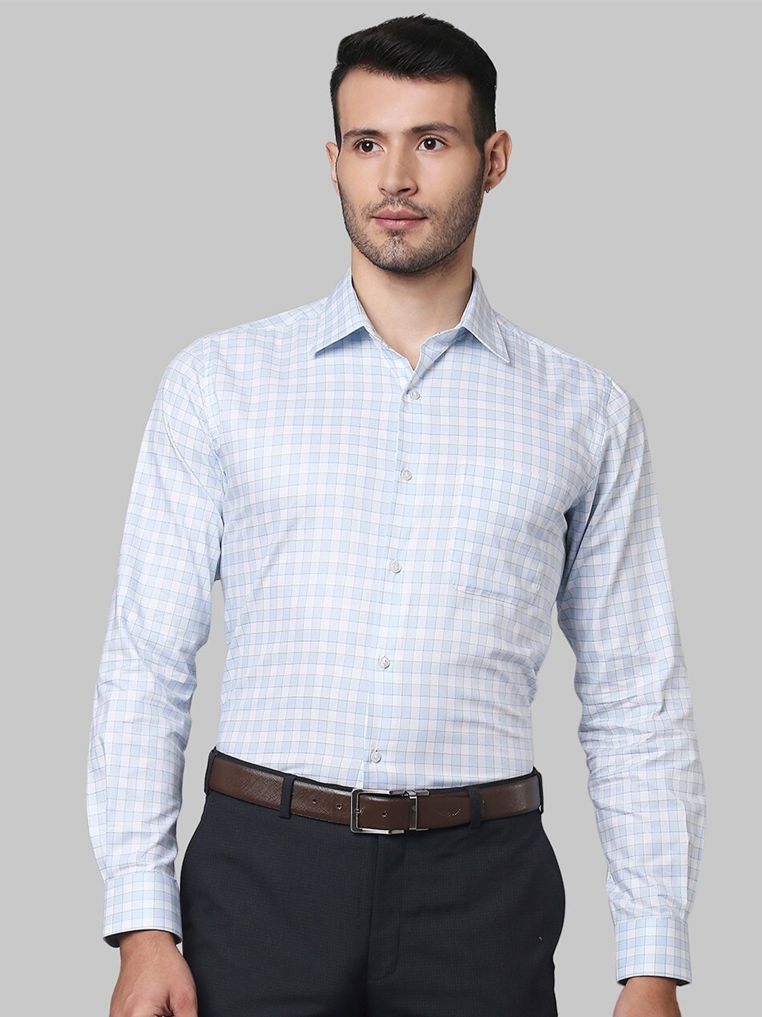 

Raymond Men Blue Checked Organic Cotton Formal Shirts