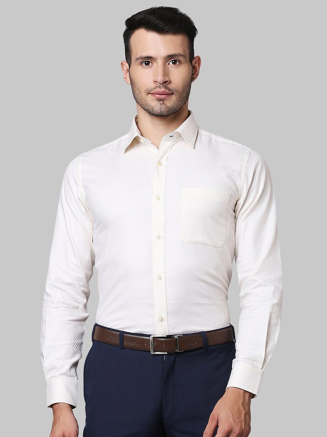 

Raymond Men Beige Micro Checks Checked Organic Cotton Regular Fit Formal Shirt