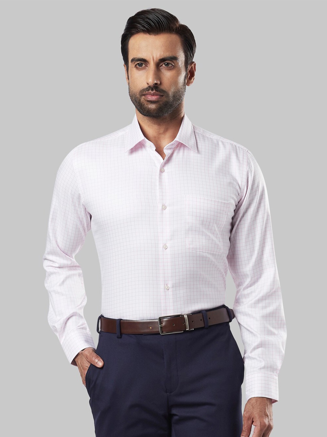 

Raymond Men Pink & White Grid Tattersall Checked Casual Shirt