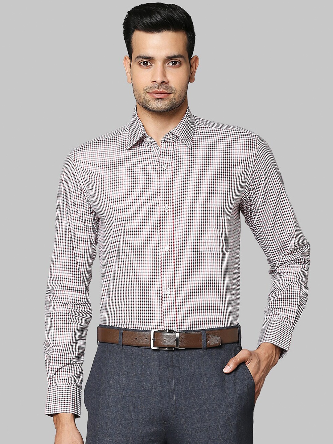 

Raymond Men Red and White Checked Organic Cotton Formal Shirts