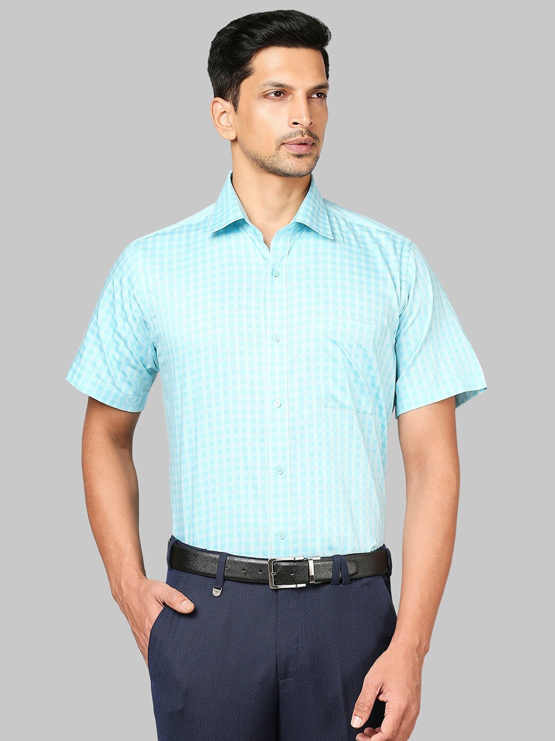

Raymond Men Blue Grid Tattersall Checks Checked Cotton Casual Shirt