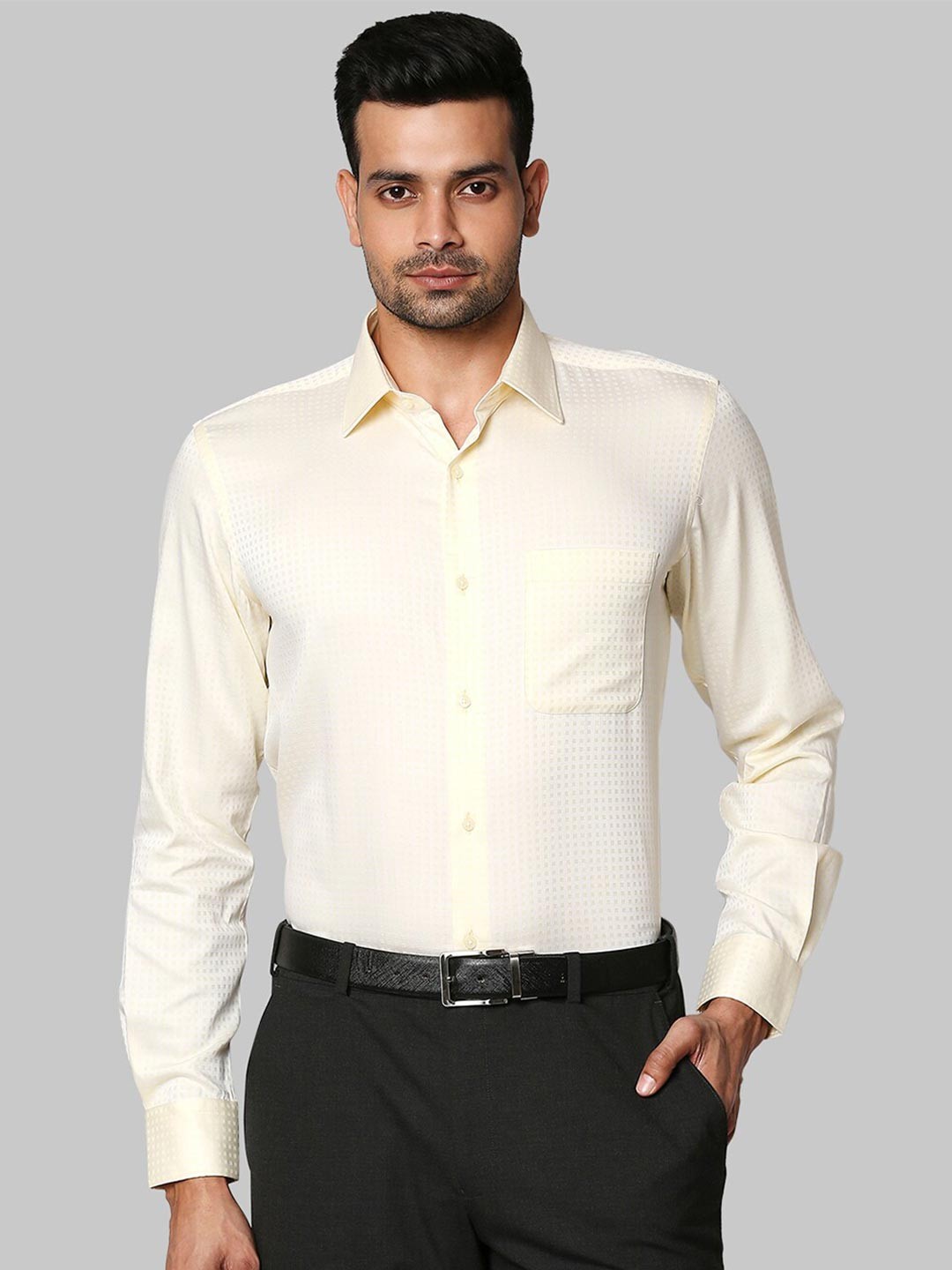 

Raymond Men Yellow Self Design Organic Cotton Formal Shirts