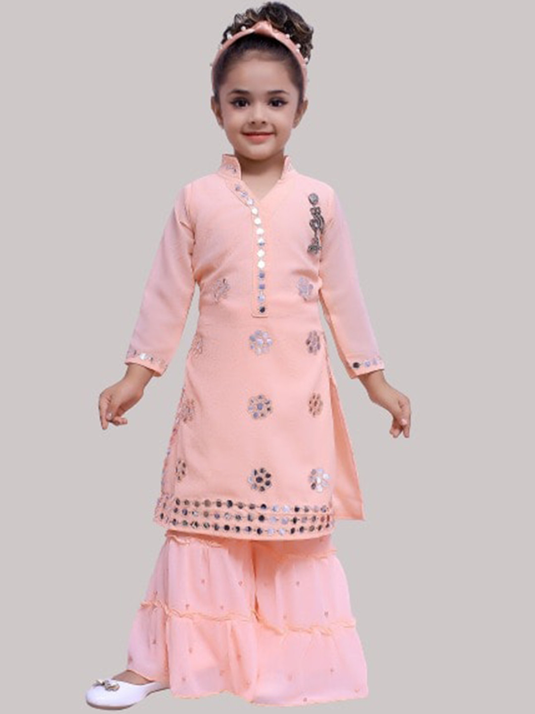 

Elendra jeans Girls Orange Floral Embroidered Kurti with Sharara