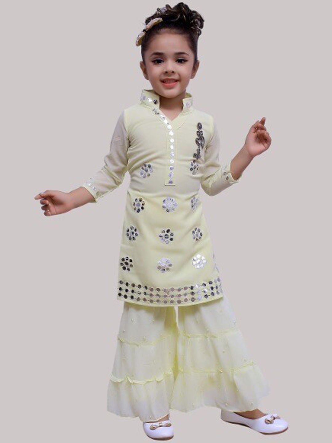 

Elendra jeans Girls Yellow Floral Embroidered Kurti with Sharara