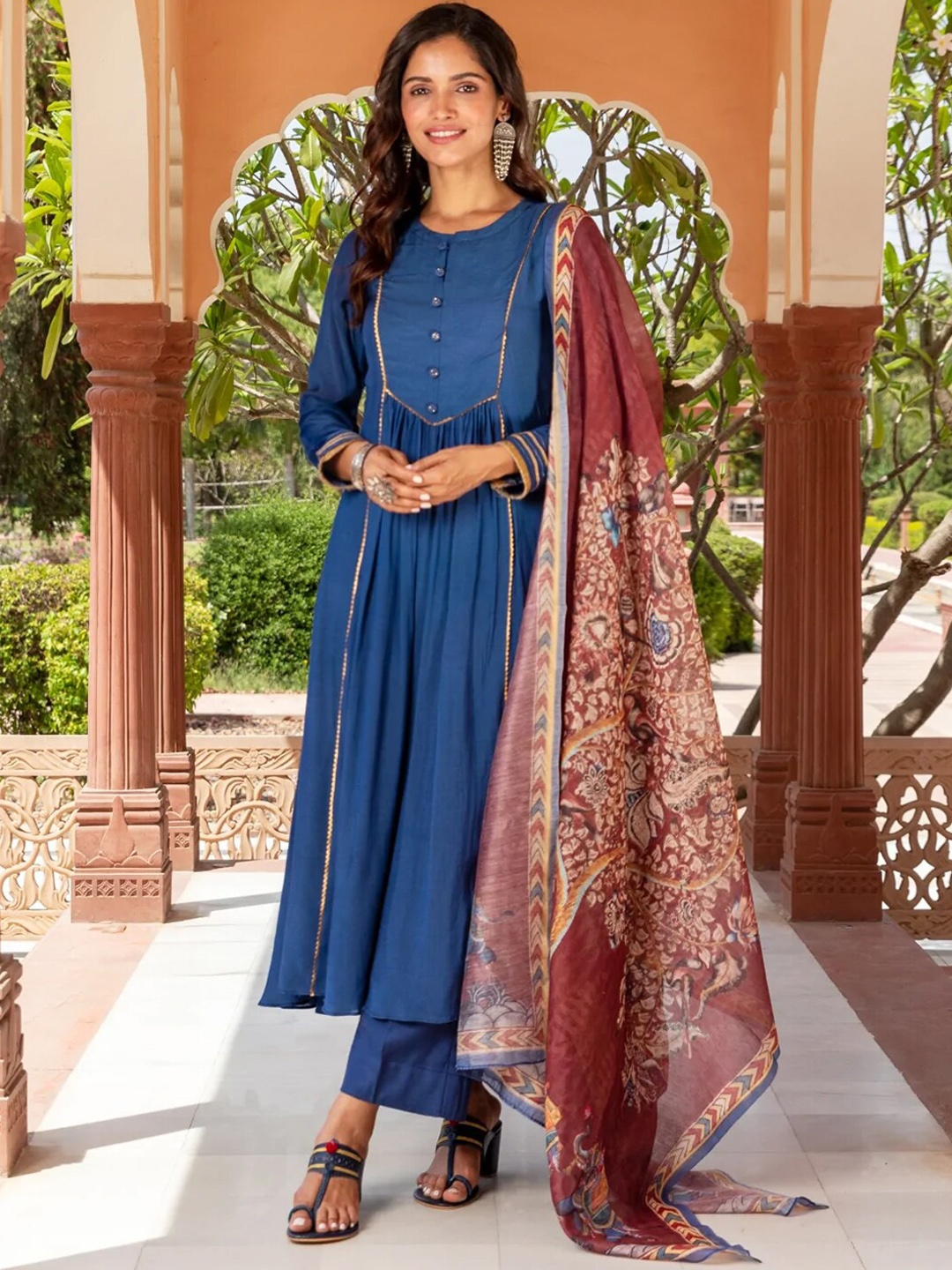 

Ambraee Women Blue Floral Gotta Patti Kurta with Trousers & Dupatta