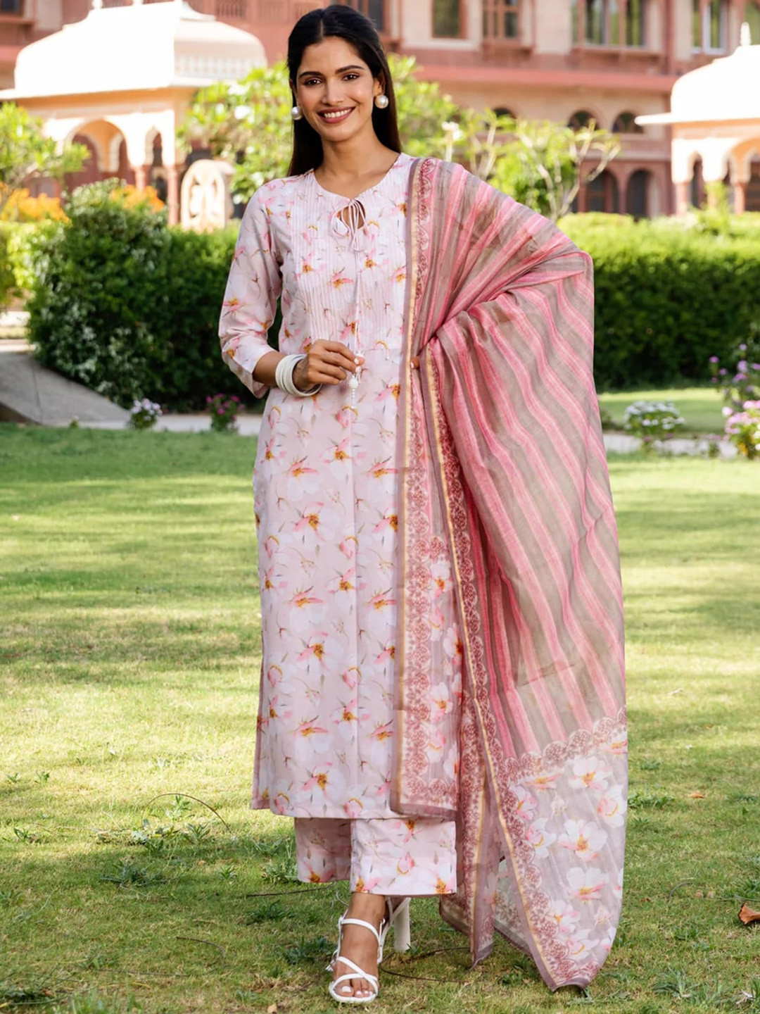 

Ambraee Women Peach-Coloured Floral Printed Kurta with Palazzos & Dupatta