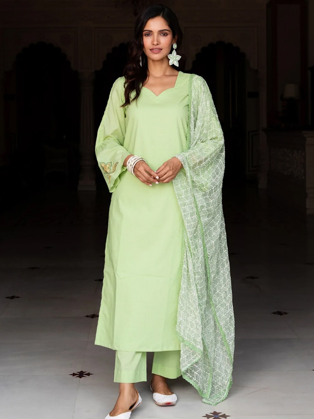 

Ambraee Women Green Embroidered Kurta with Palazzos & Dupatta