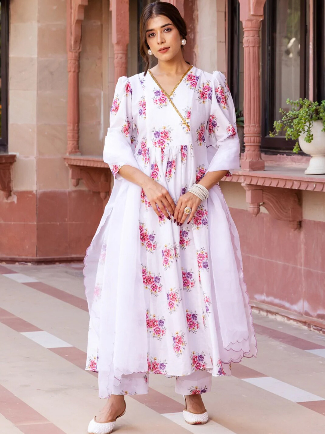 

Ambraee Women White Floral Printed Angrakha Kurta with Trousers & With Dupatta