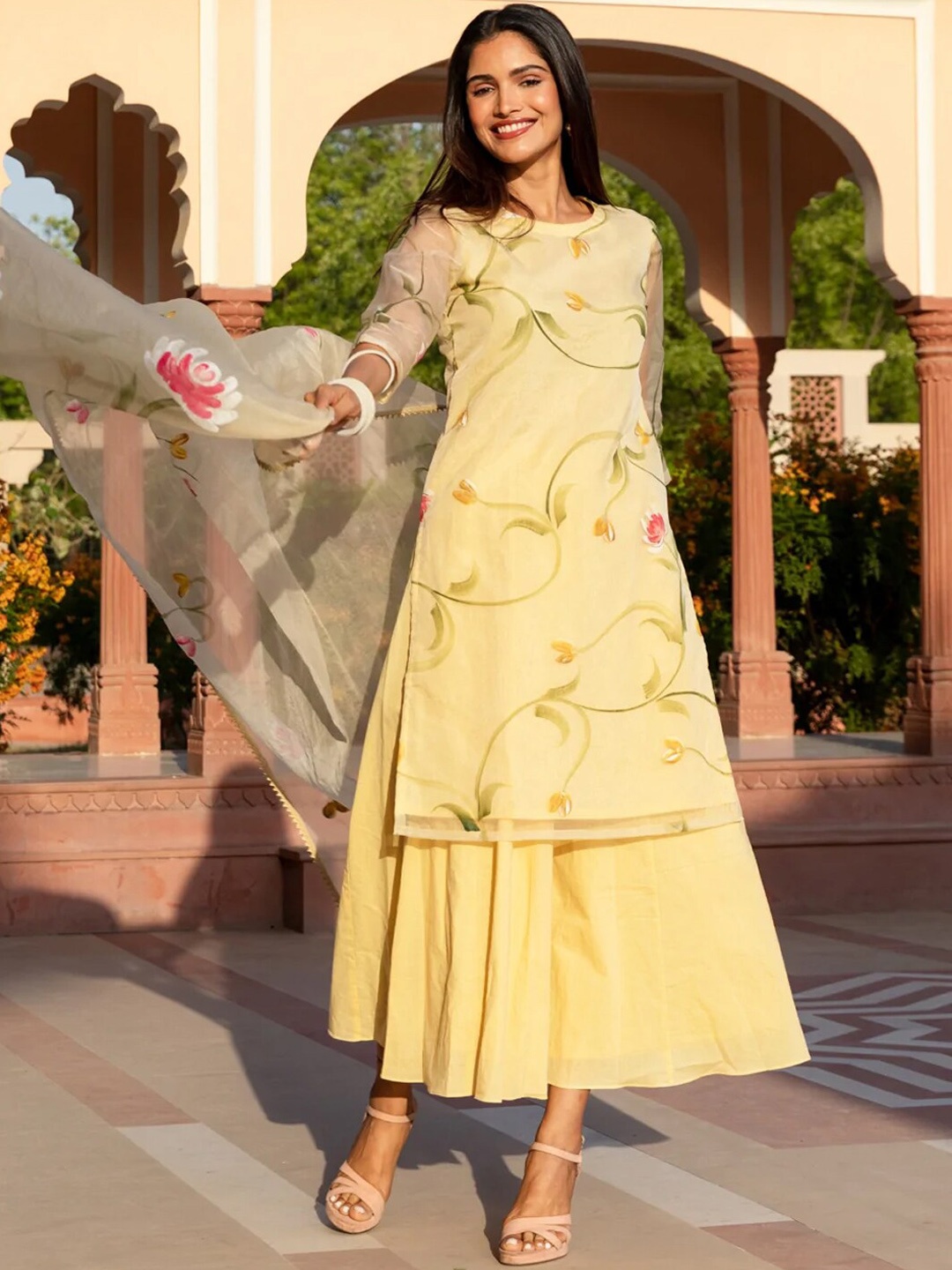 

Ambraee Women Yellow Embroidered Kurta with Palazzos & With Dupatta
