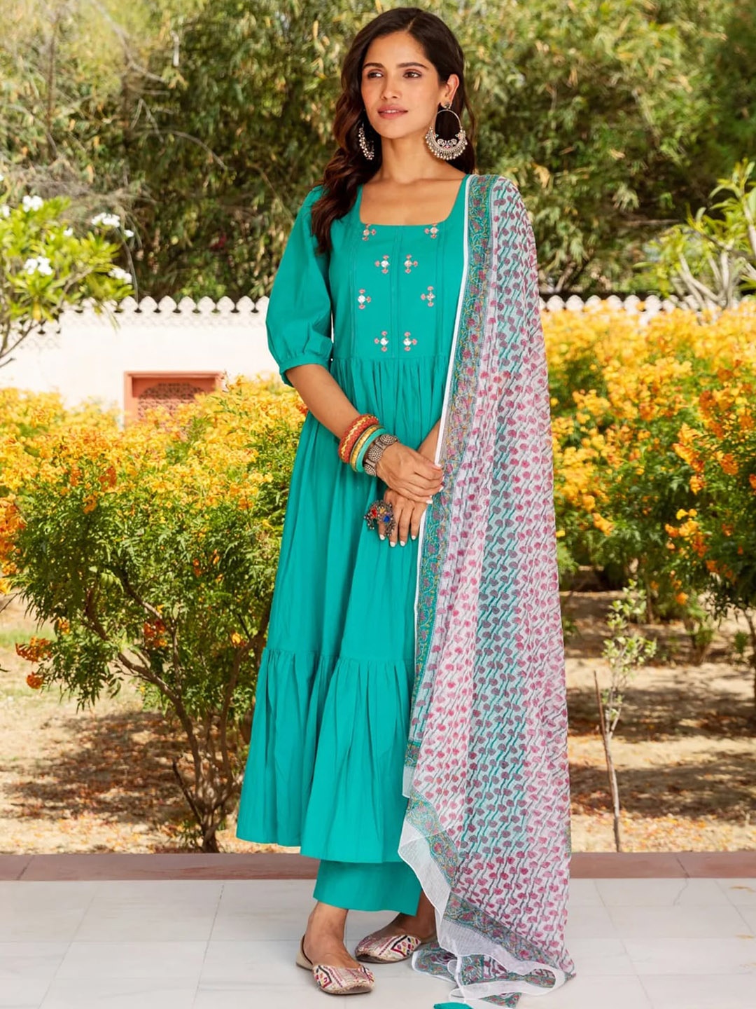

Ambraee Women Teal Tiered Kurta with Palazzos & Dupatta
