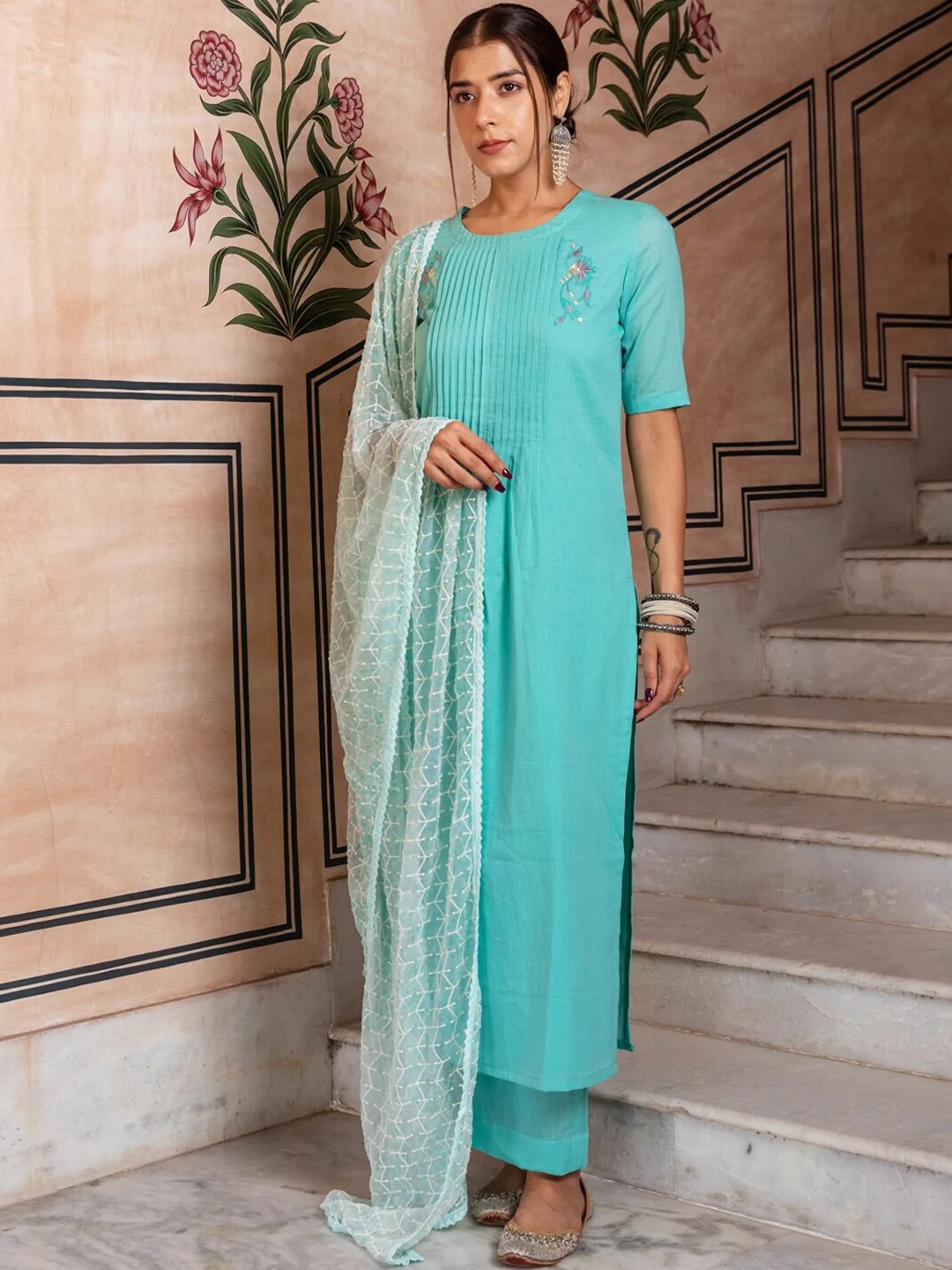 

Ambraee Women Blue Kurta with Palazzos & With Dupatta