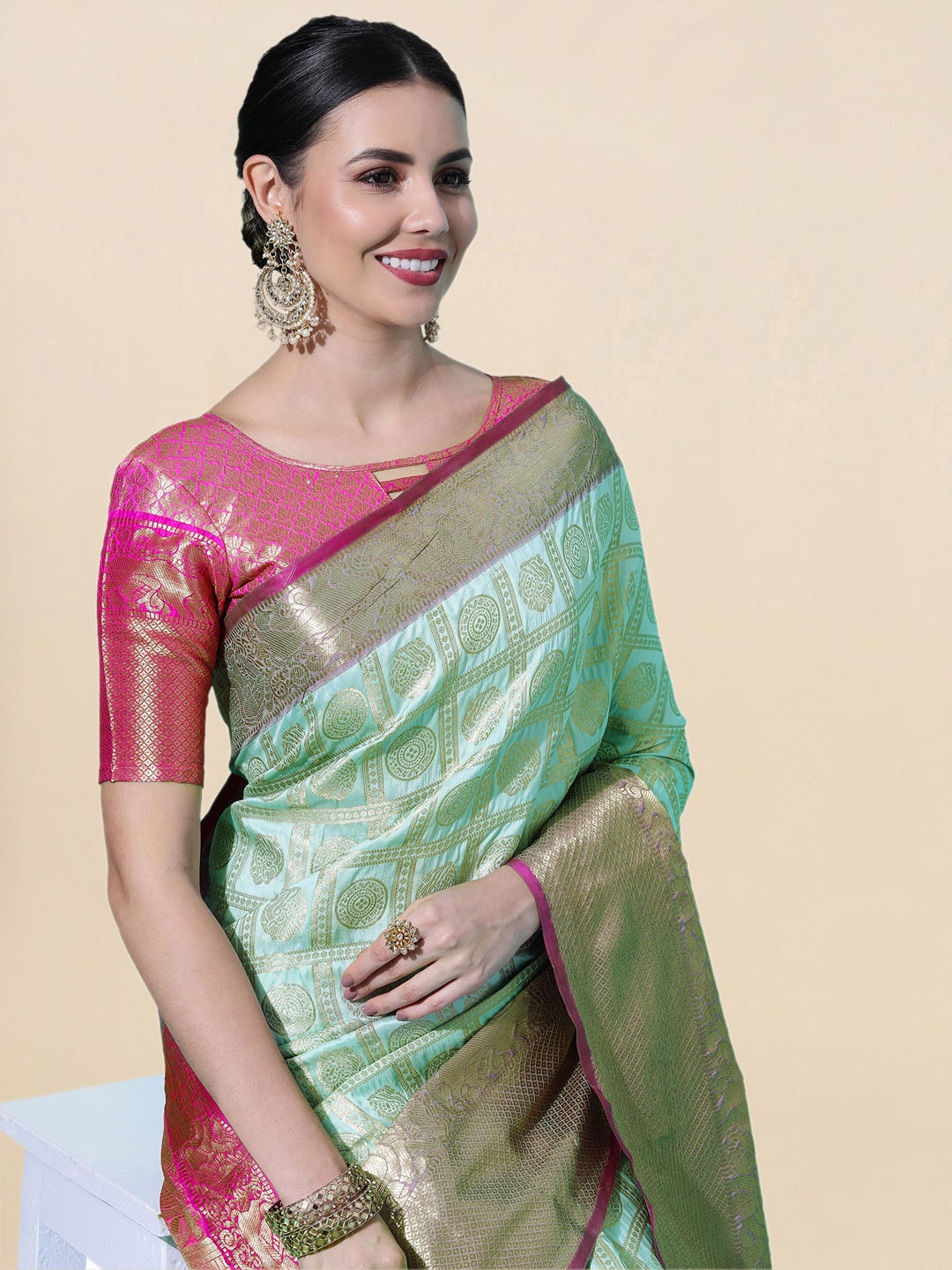 

Satrani Blue & Pink Ethnic Motifs Zari Banarasi Saree