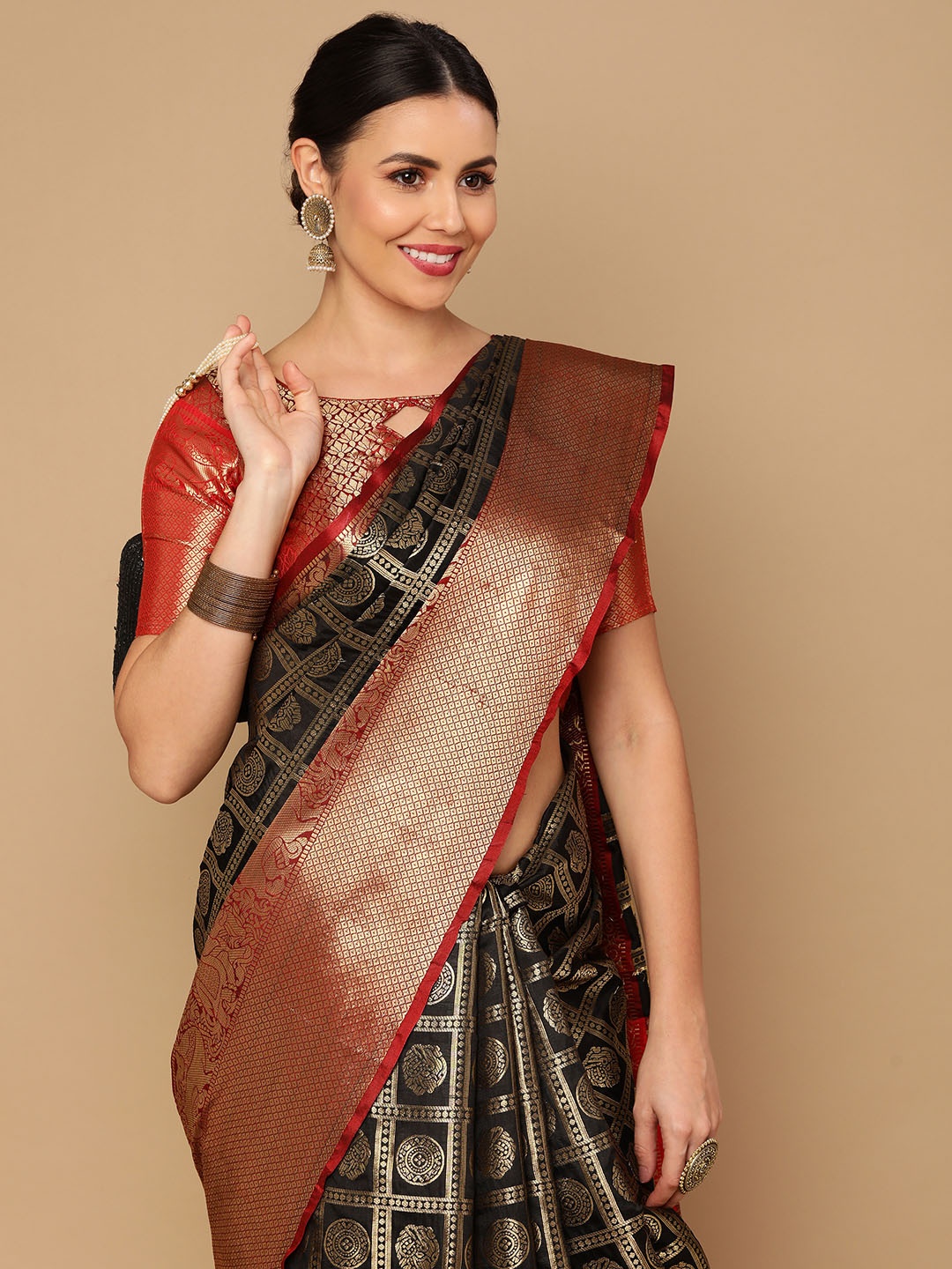 

Satrani Black & Red Woven Design Zari Banarasi Saree