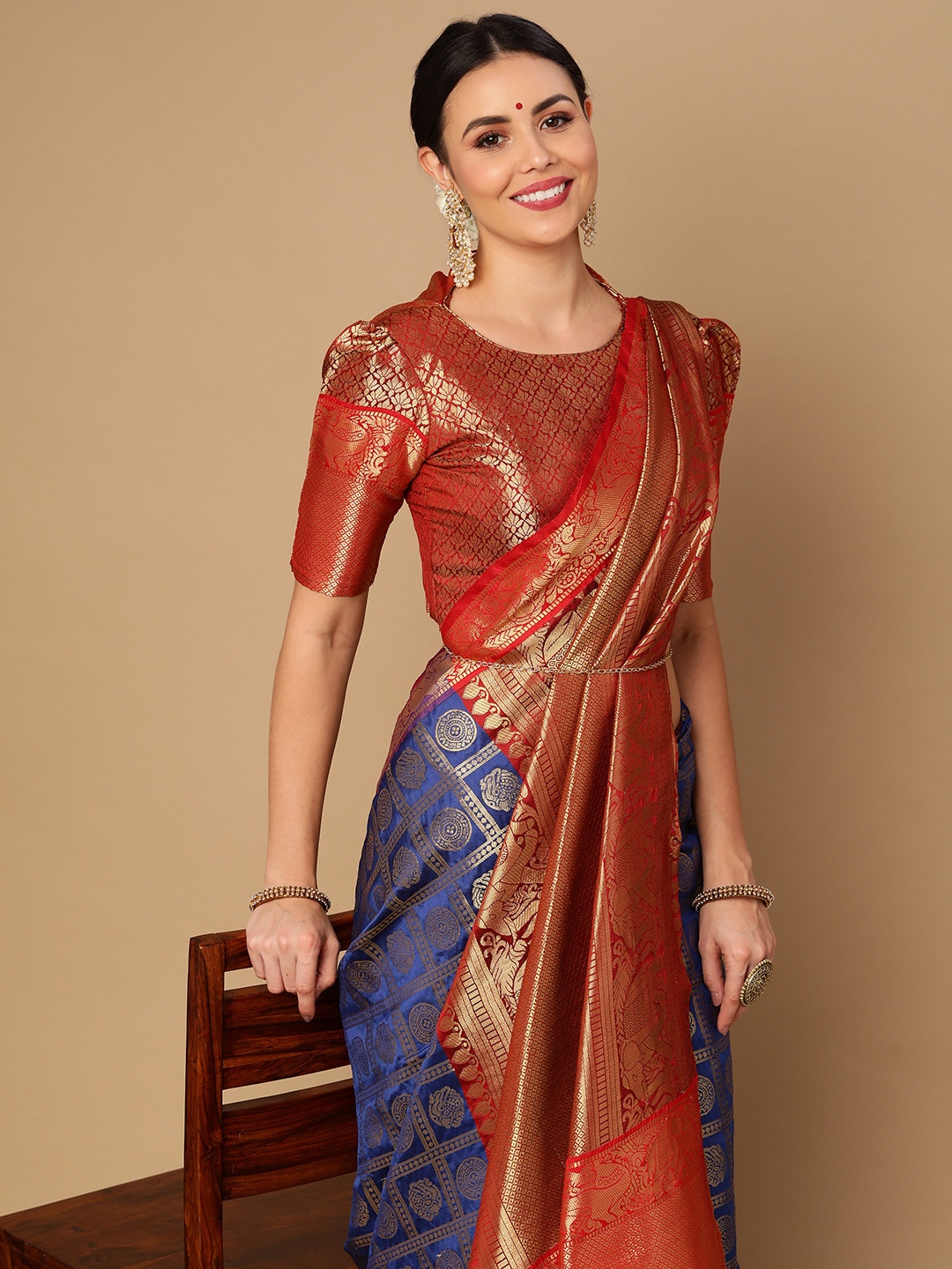 

Satrani Blue & Red Ethnic Motifs Zari Banarasi Saree