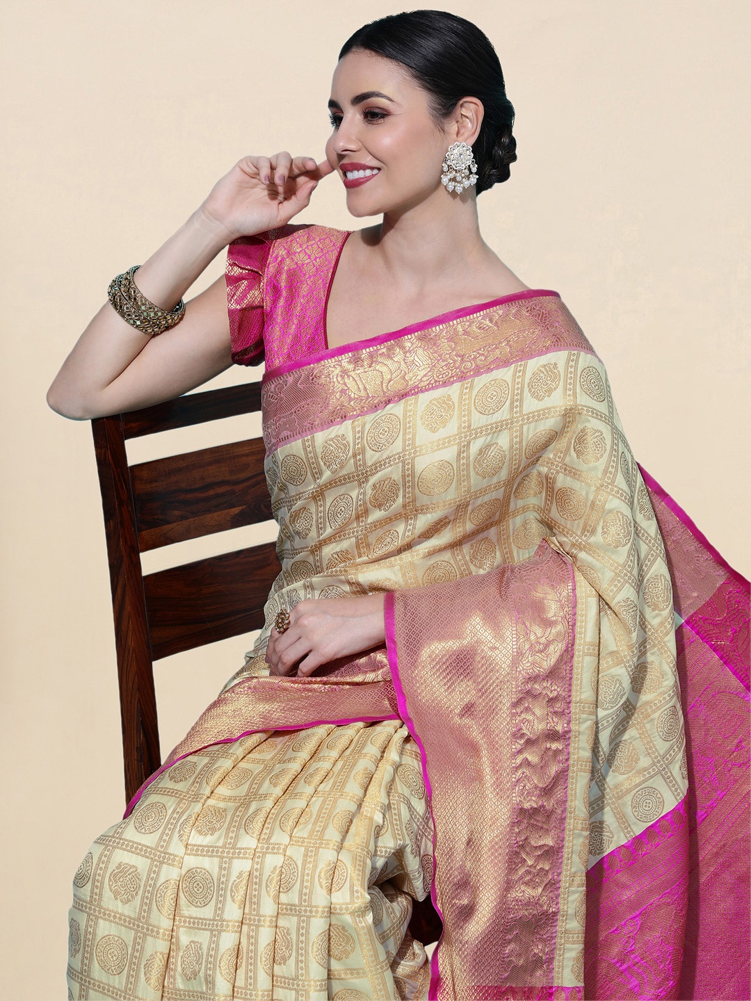 

Satrani Cream-Coloured & Pink Woven Design Zari Banarasi Saree