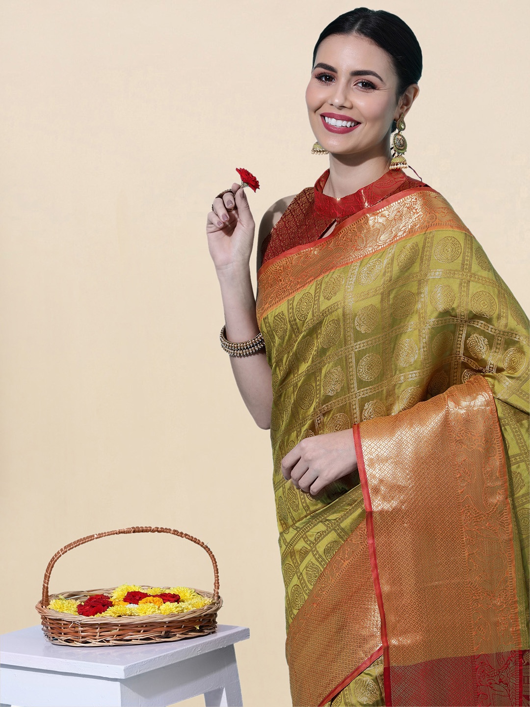 

Satrani Green & Orange Woven Design Zari Banarasi Saree