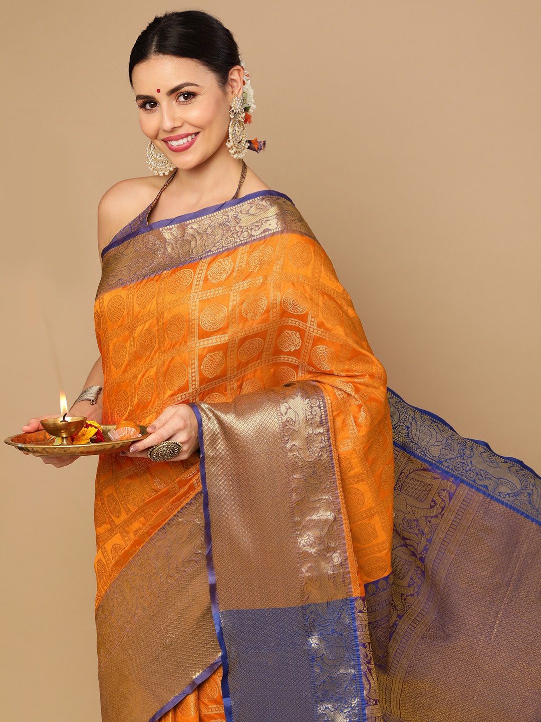 

Satrani Orange & Purple Woven Design Zari Banarasi Saree