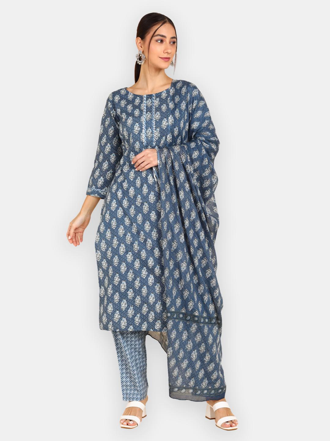 

VEDANA Women Blue Ethnic Gotta Patti Pure Cotton Kurta with Trousers & With Dupatta