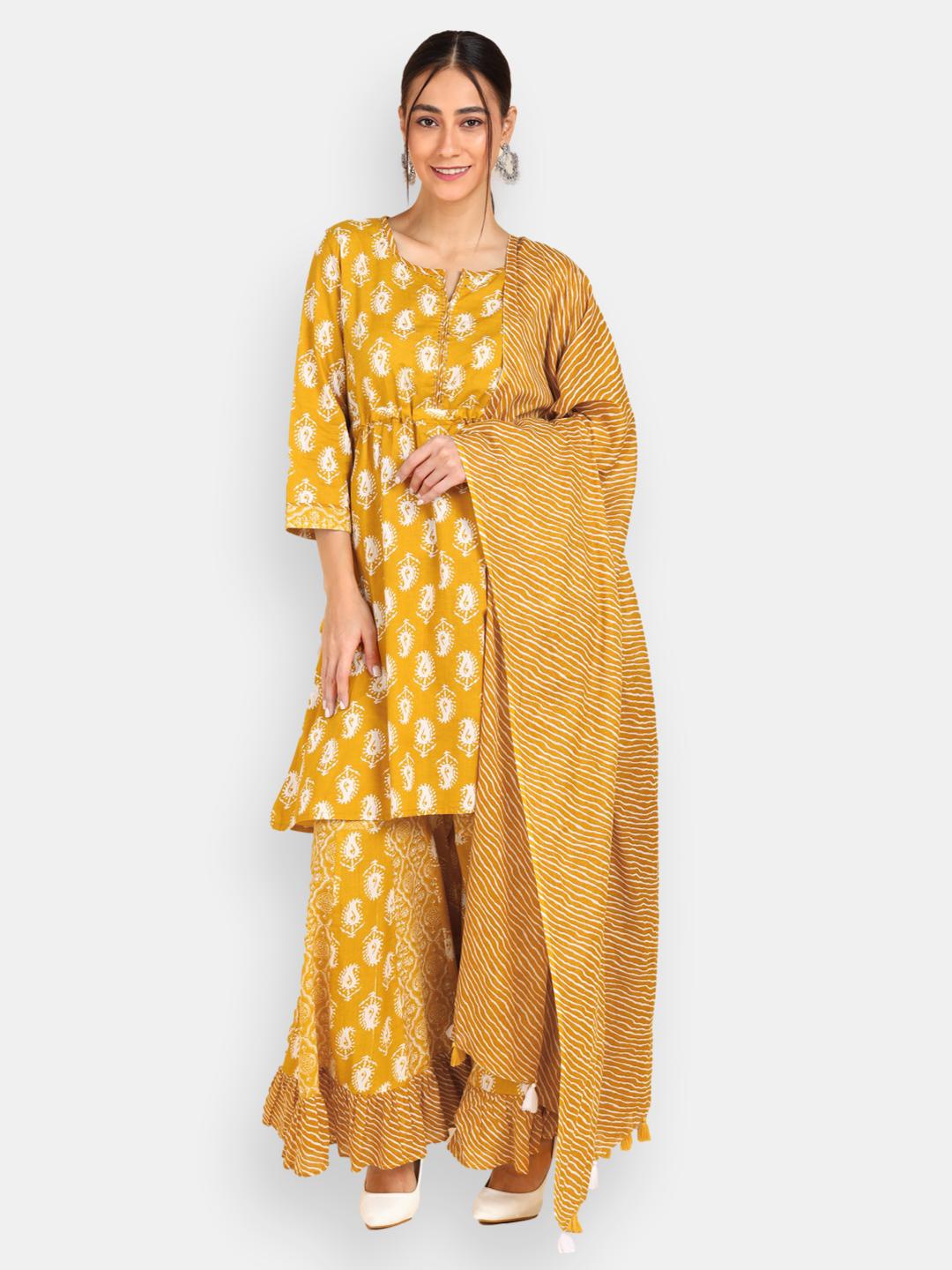 

VEDANA Women Mustard Yellow Pure Cotton Embroidered Sequinned Pure Cotton Kurta Set