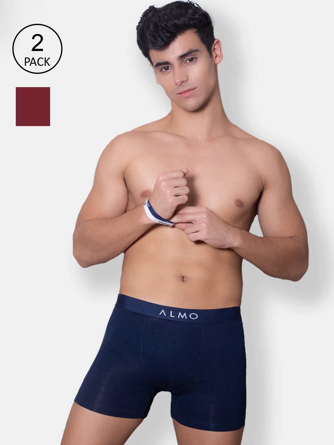 

Almo Wear Men Pack Of 2 Navy Blue & Maroon Solid Cotton Slim-Fit Trunks Rico-T-BLR
