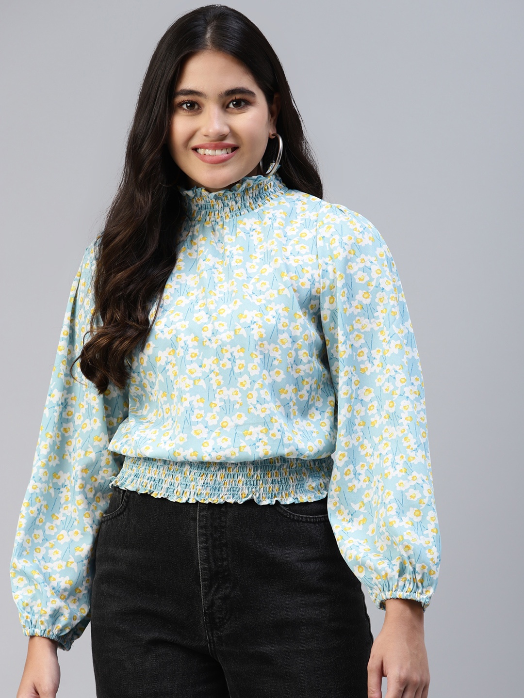 

plusS Women Sea Green Floral Print Bishop Sleeves Top