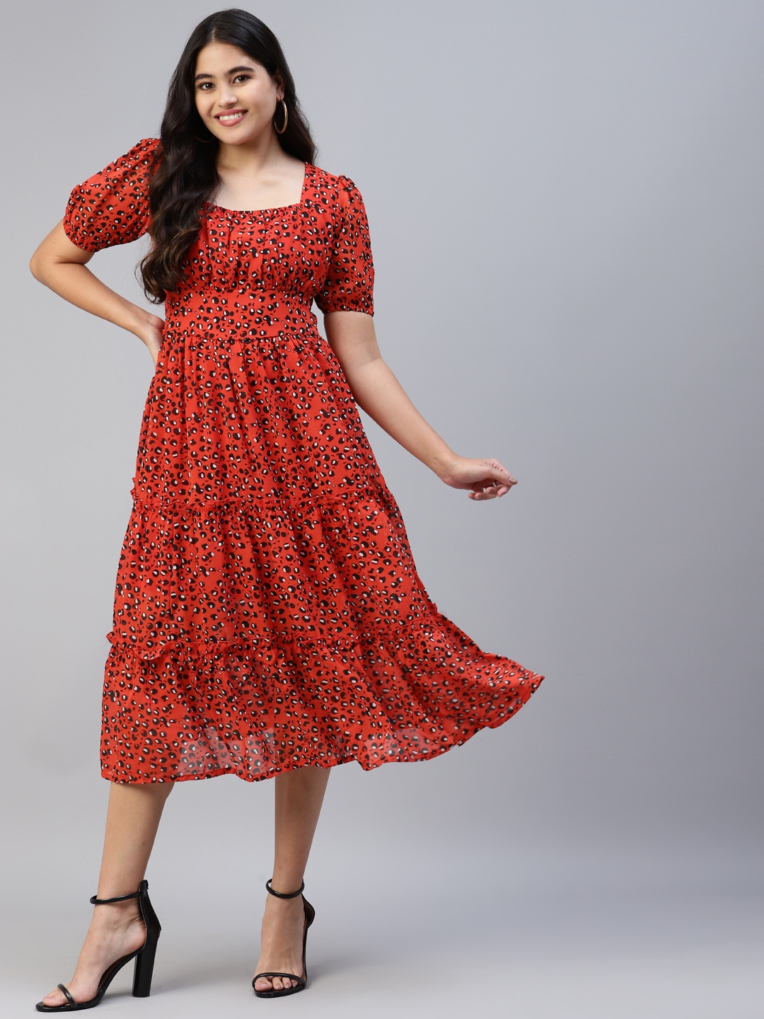 

plusS Women Red & Black Animal Midi Dress