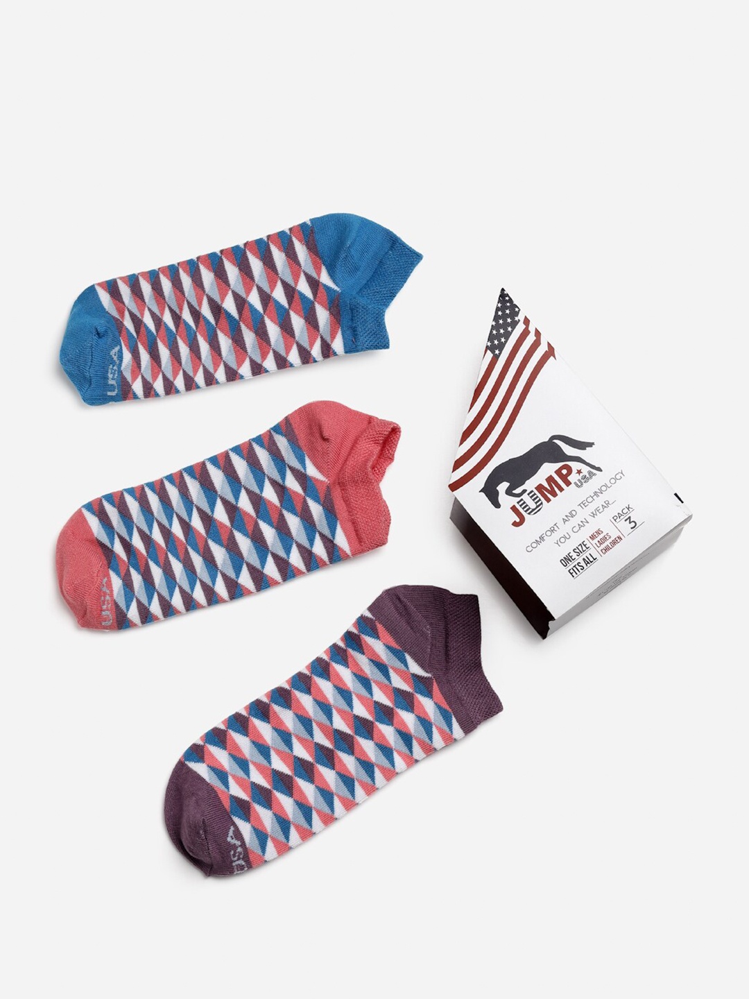 

JUMP USA Women Pack Of 3 Assorted Ankle Length Socks, Blue