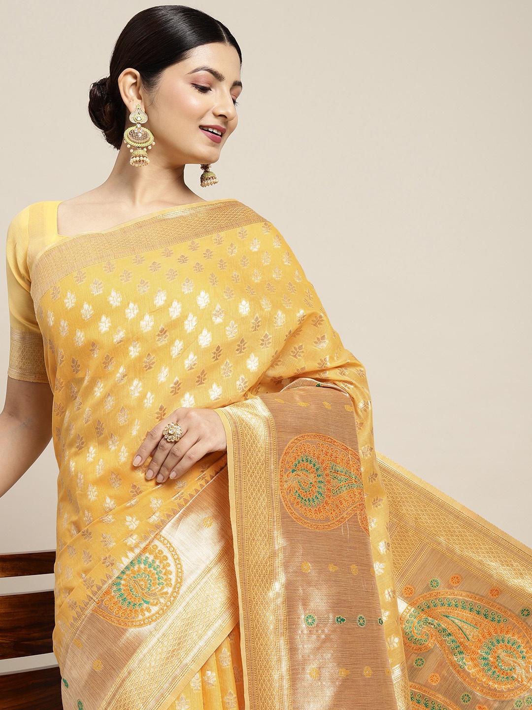 

Saree mall Yellow & Golden Silk Cotton Woven Design Banarasi Saree