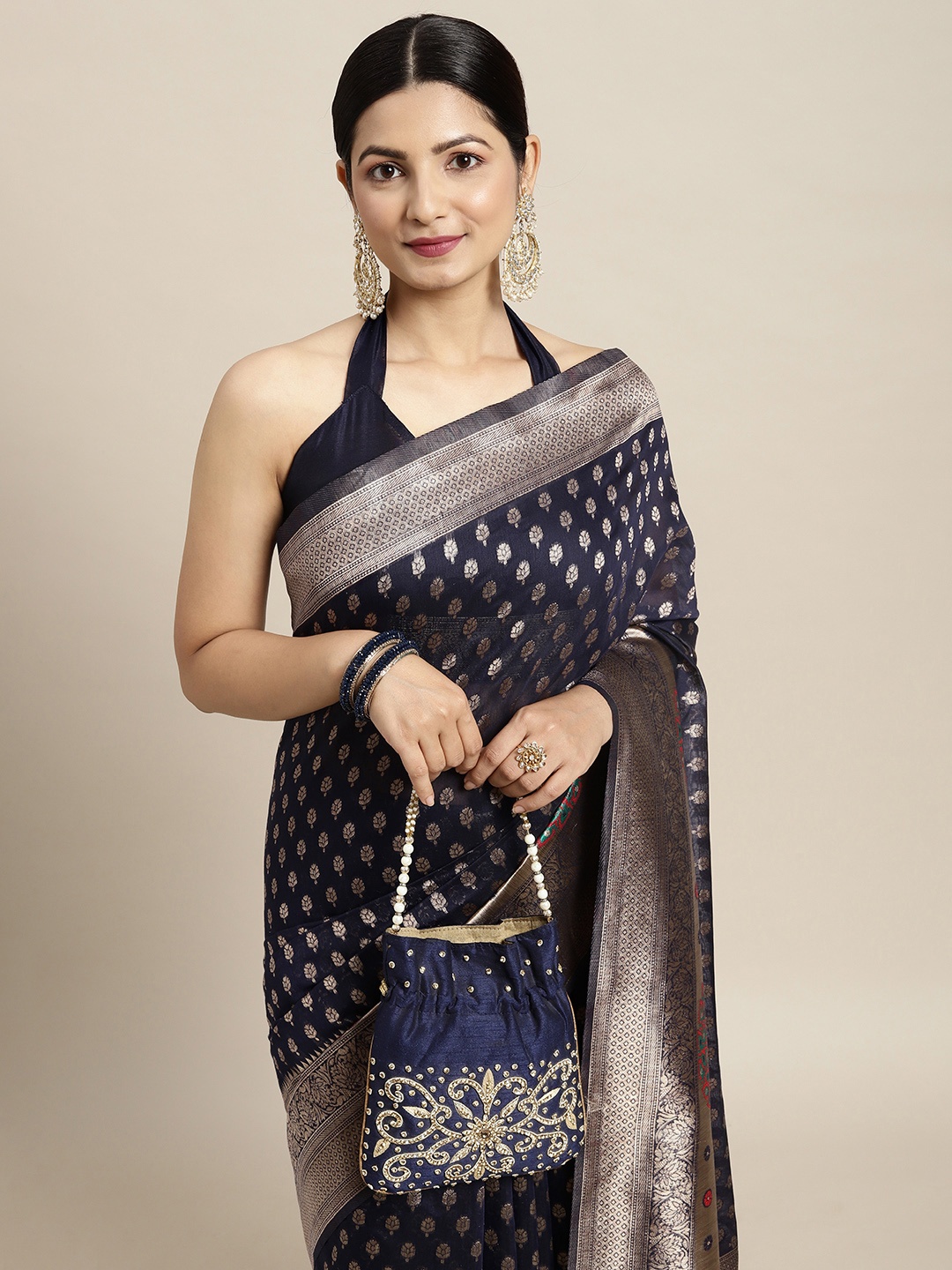 

Saree mall Navy Blue & Golden Silk Cotton Woven Design Banarasi Saree