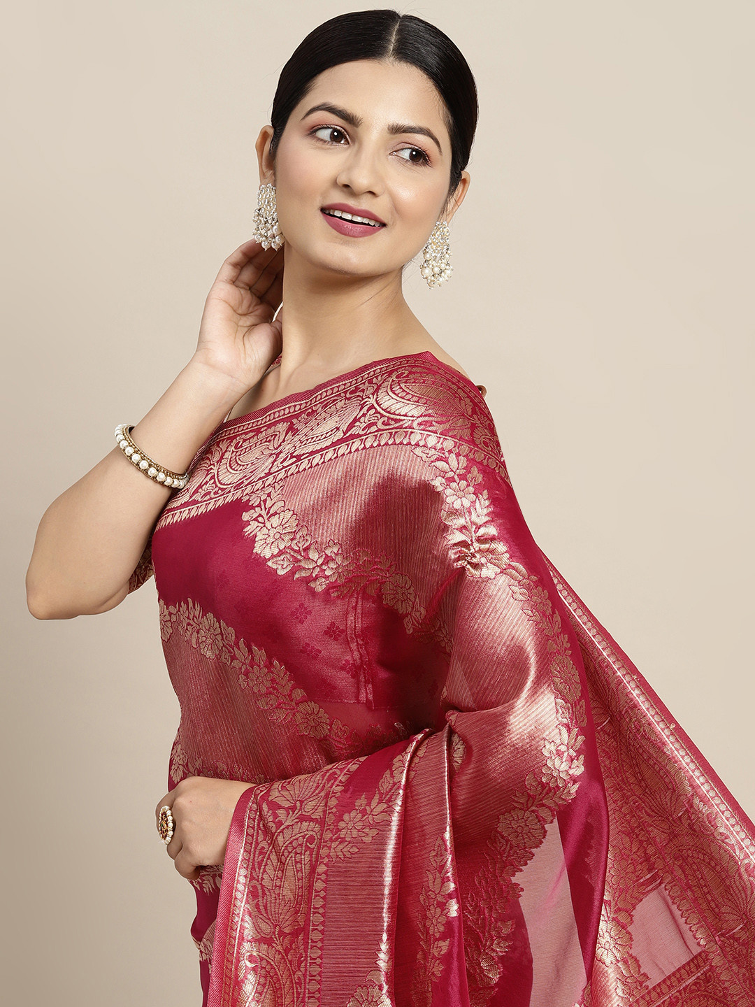 

Saree mall Pink & Golden Woven Design Banarasi Saree