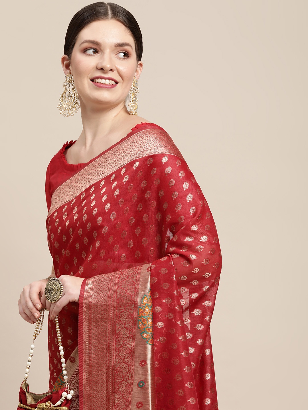

Saree mall Red & Gold Floral Zari Silk Cotton Celebrity Banarasi Sarees