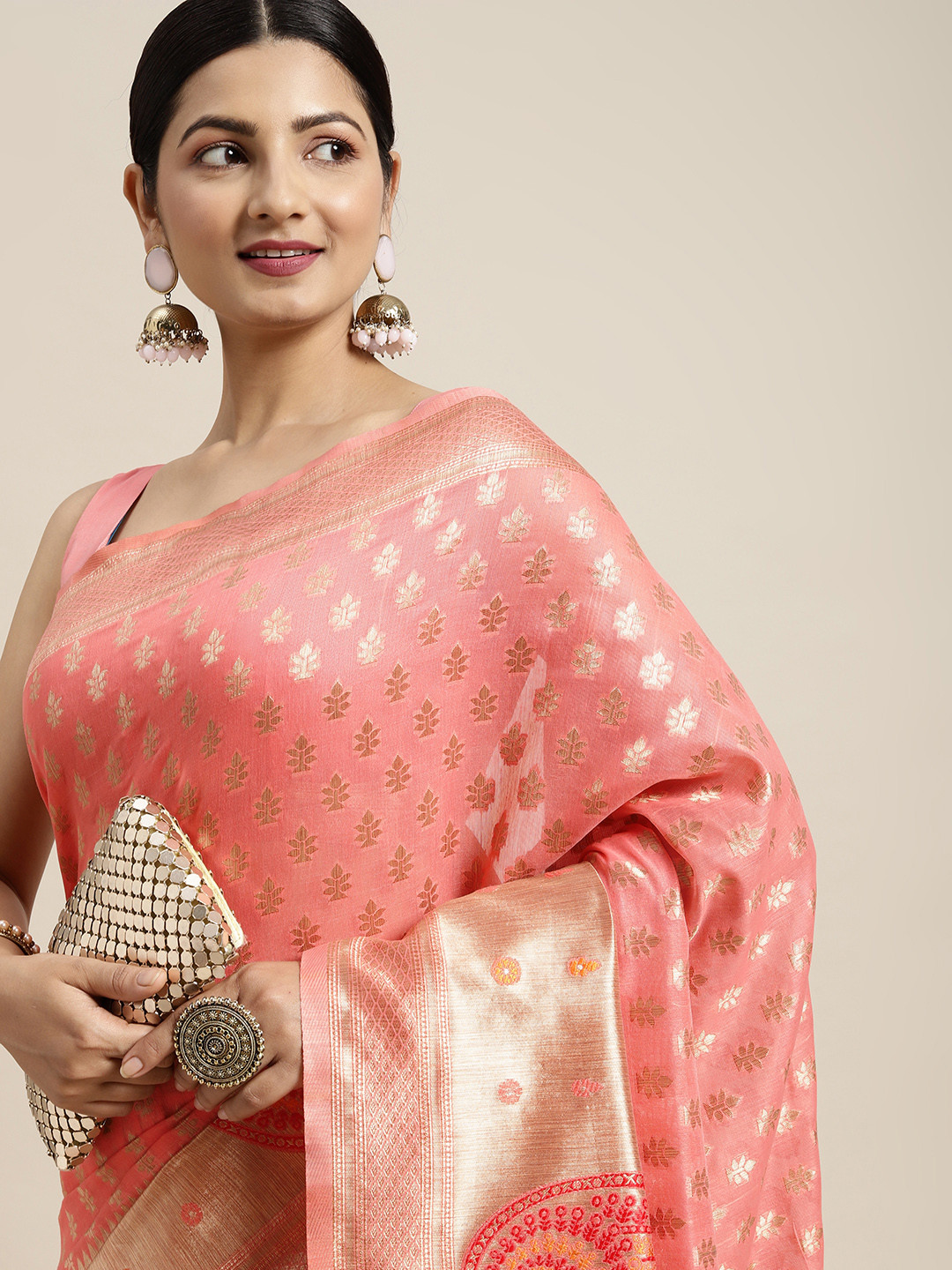 

Saree mall Pink & Golden Cotton Silk Woven Design Banarasi Saree
