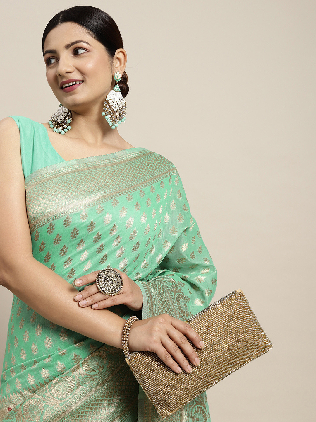 

Saree mall Green & Golden Silk Cotton Woven Design Banarasi Saree