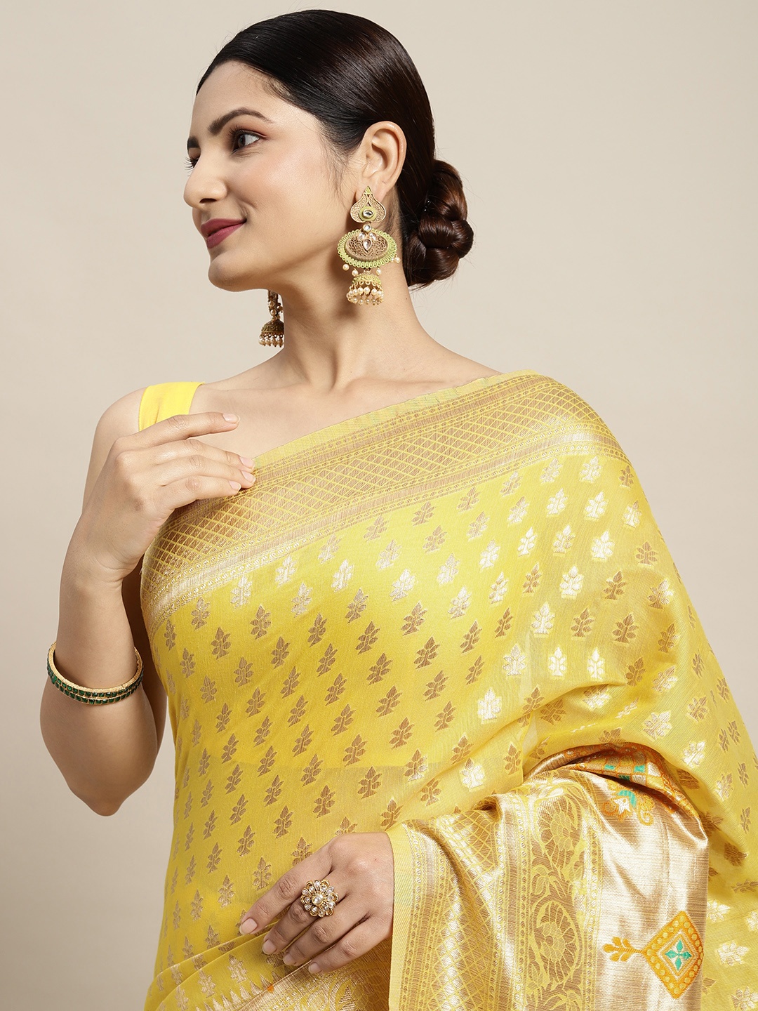 

Saree mall Yellow & Golden Silk Cotton Woven Design Banarasi Saree