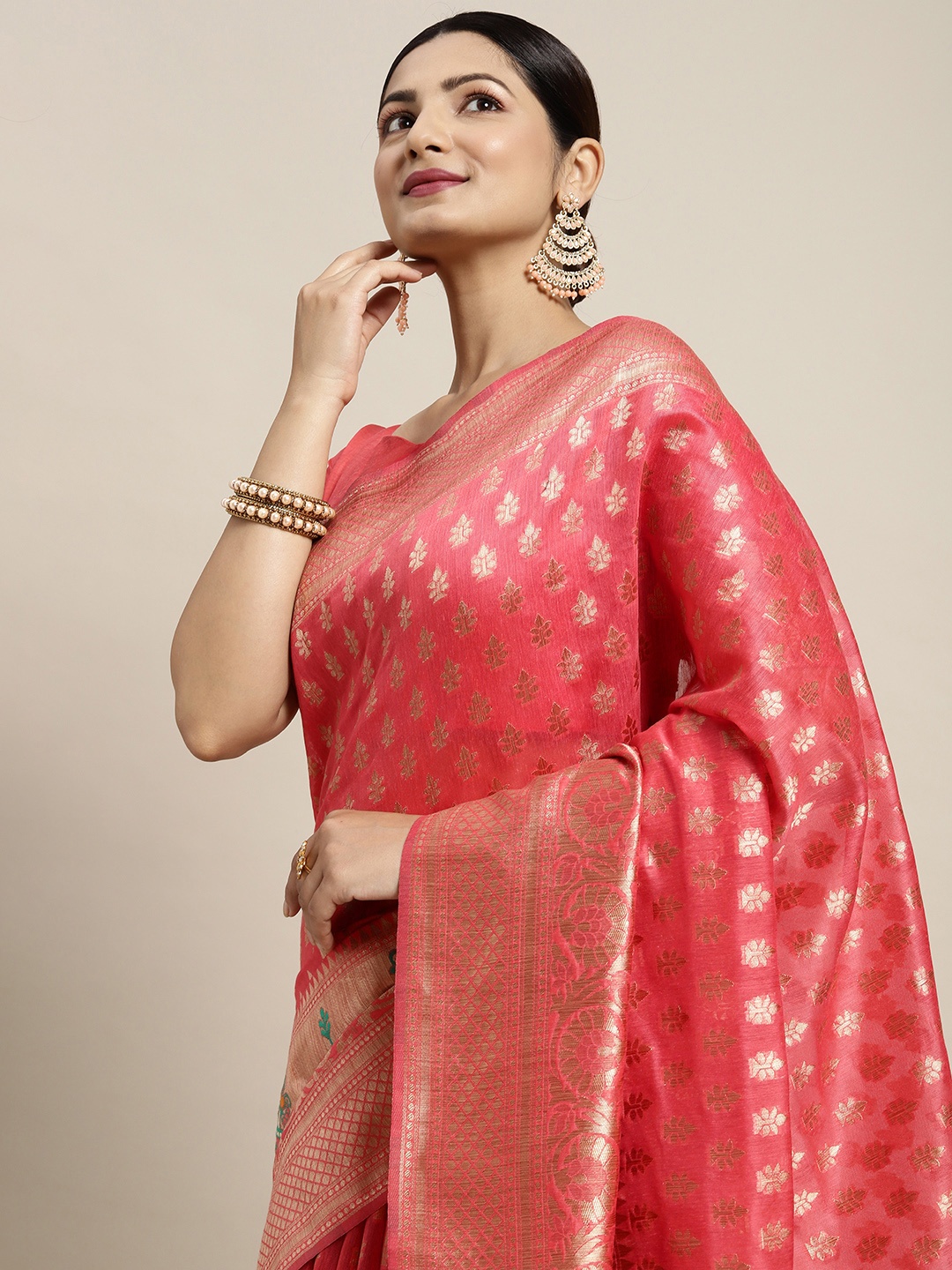 

Saree mall Pink & Golden Silk Cotton Woven Design Banarasi Saree