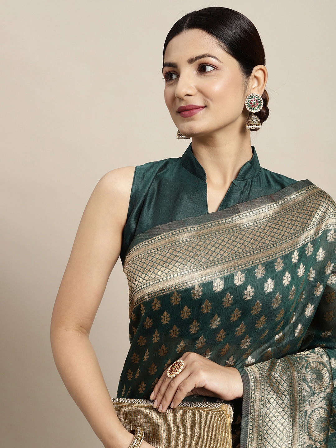 

Saree mall Green & Golden Silk Cotton Woven Design Banarasi Saree