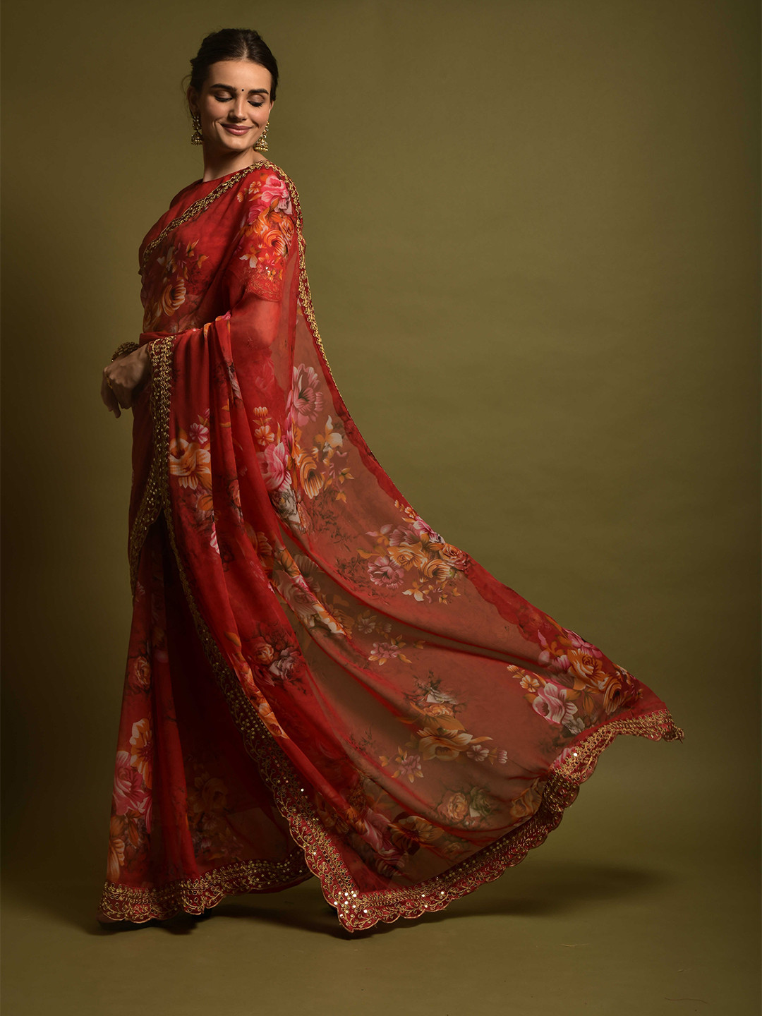 

elora Red & Gold-Toned Floral Pure Georgette Bhagalpuri Saree