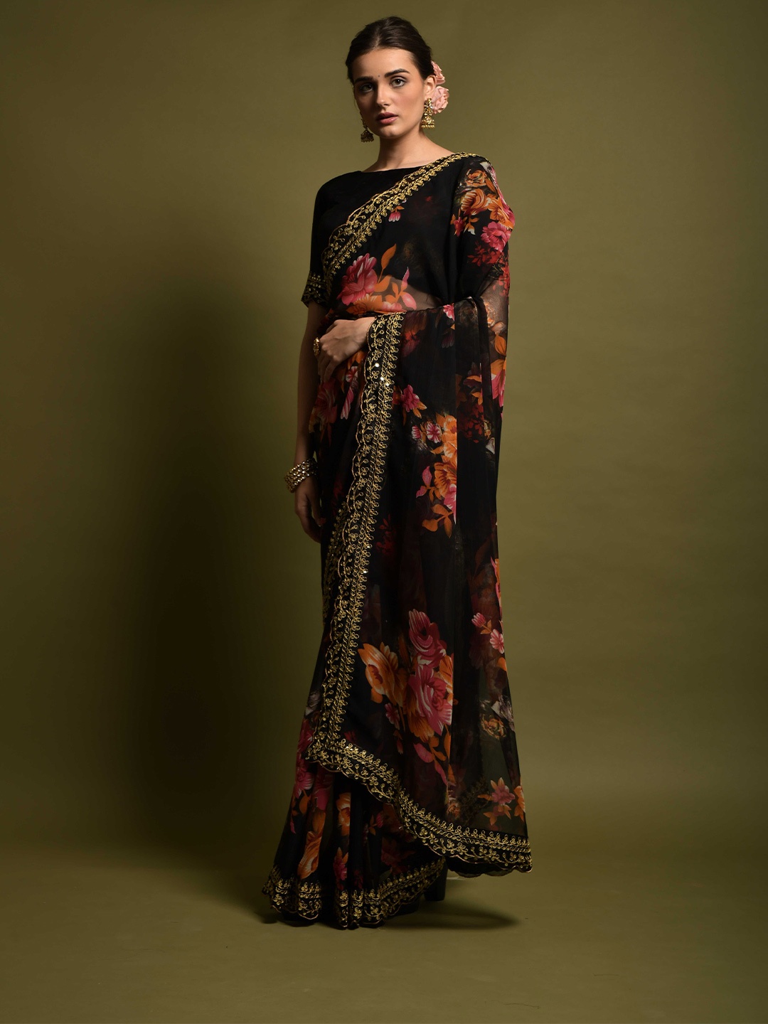 

elora Black & Orange Floral Pure Georgette Bhagalpuri Saree