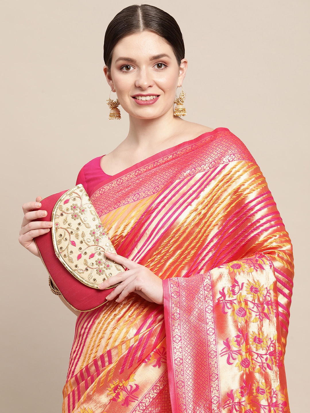 

Saree mall Pink & Yellow Leheriya Print Silk Blend Kanjeevaram Sarees