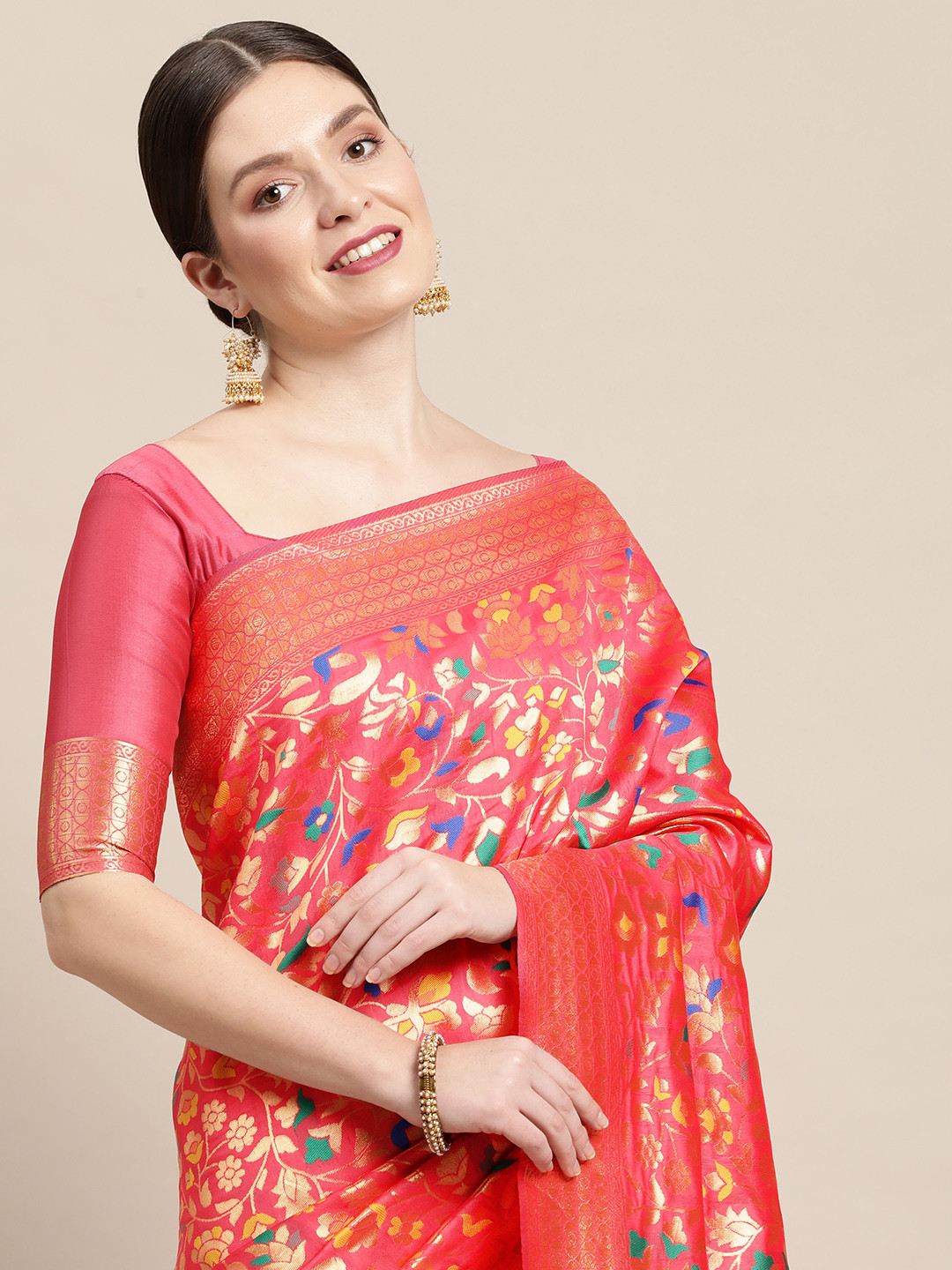 

Saree mall Pink & Gold-Toned Floral Print Silk Blend Banarasi Sarees