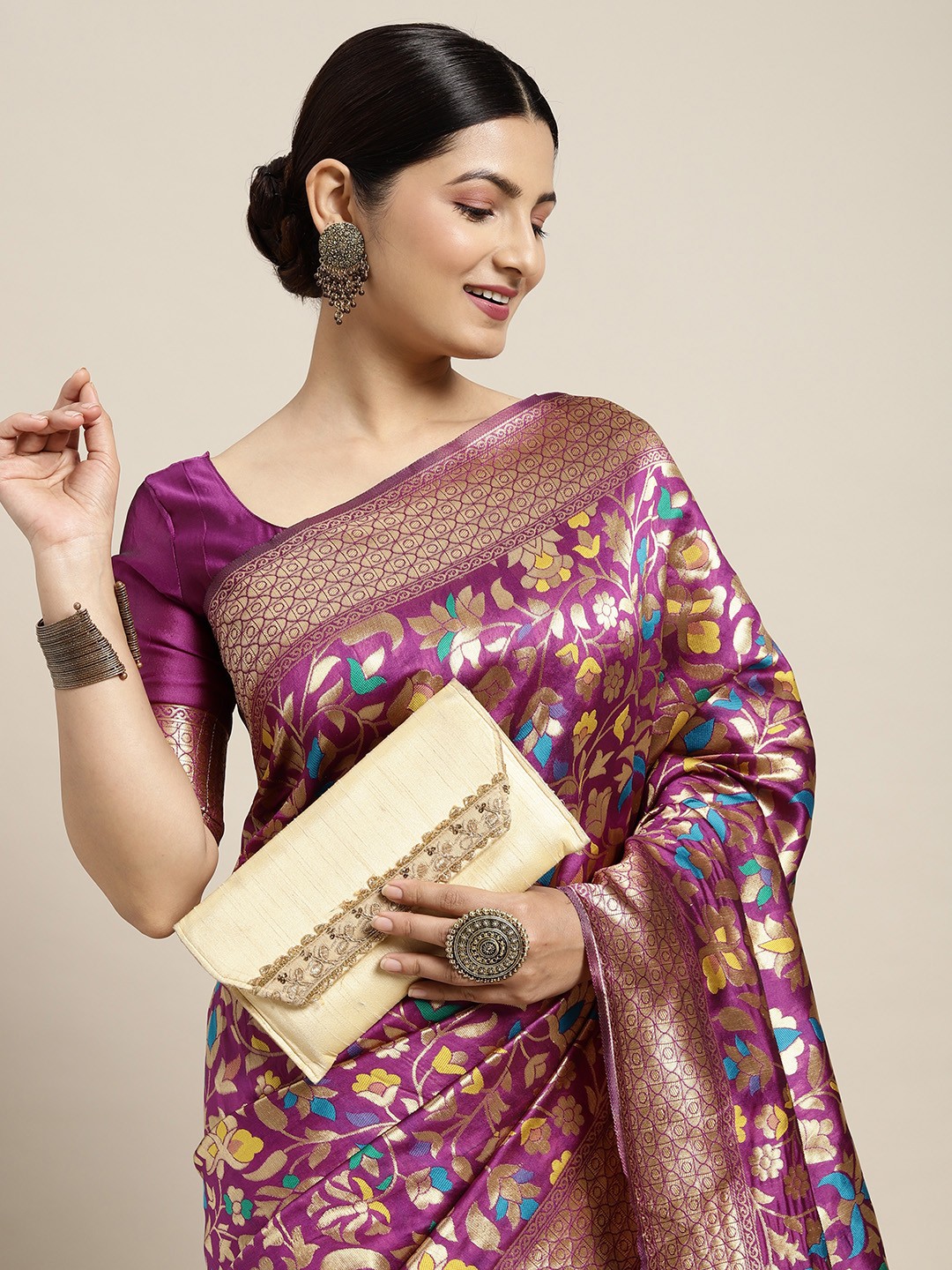 

Saree mall Purple & Gold-Toned Floral Zari Silk Blend Banarasi Sarees