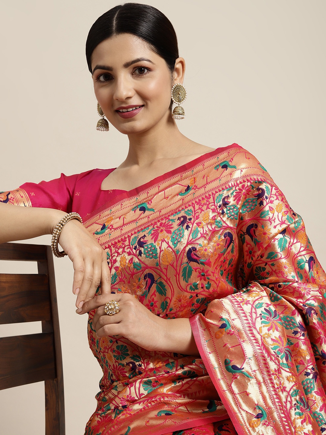 

Saree mall Pink & Navy Blue Ethnic Motifs Print Silk Blend Paithani Sarees