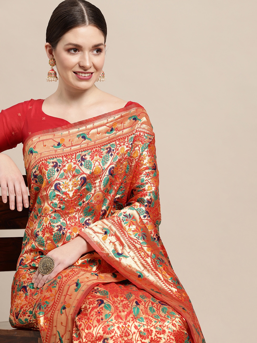 

Saree mall Red & Gold-Toned Ethnic Motifs Zari Silk Blend Celebrity Paithani Sarees