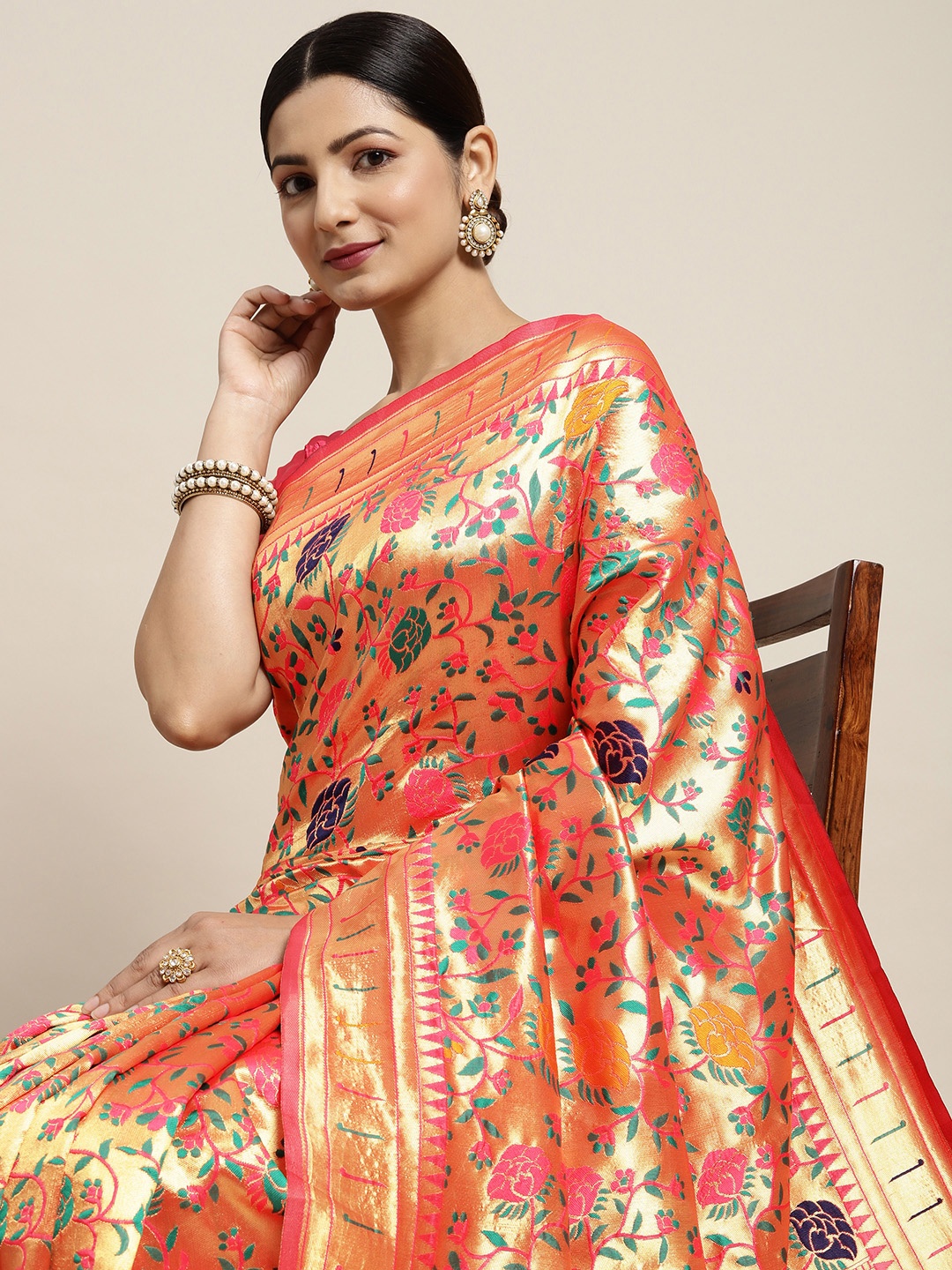 

Saree mall Pink & Gold-Toned Floral Zari Silk Blend Paithani Sarees