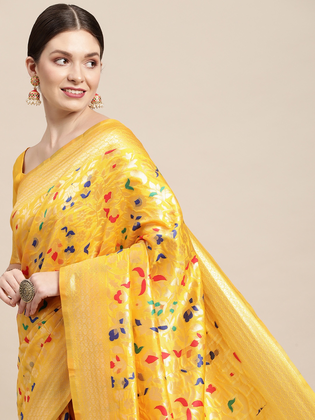 

Saree mall Yellow & Gold Floral Zari Silk Blend Celebrity Banarasi Sarees