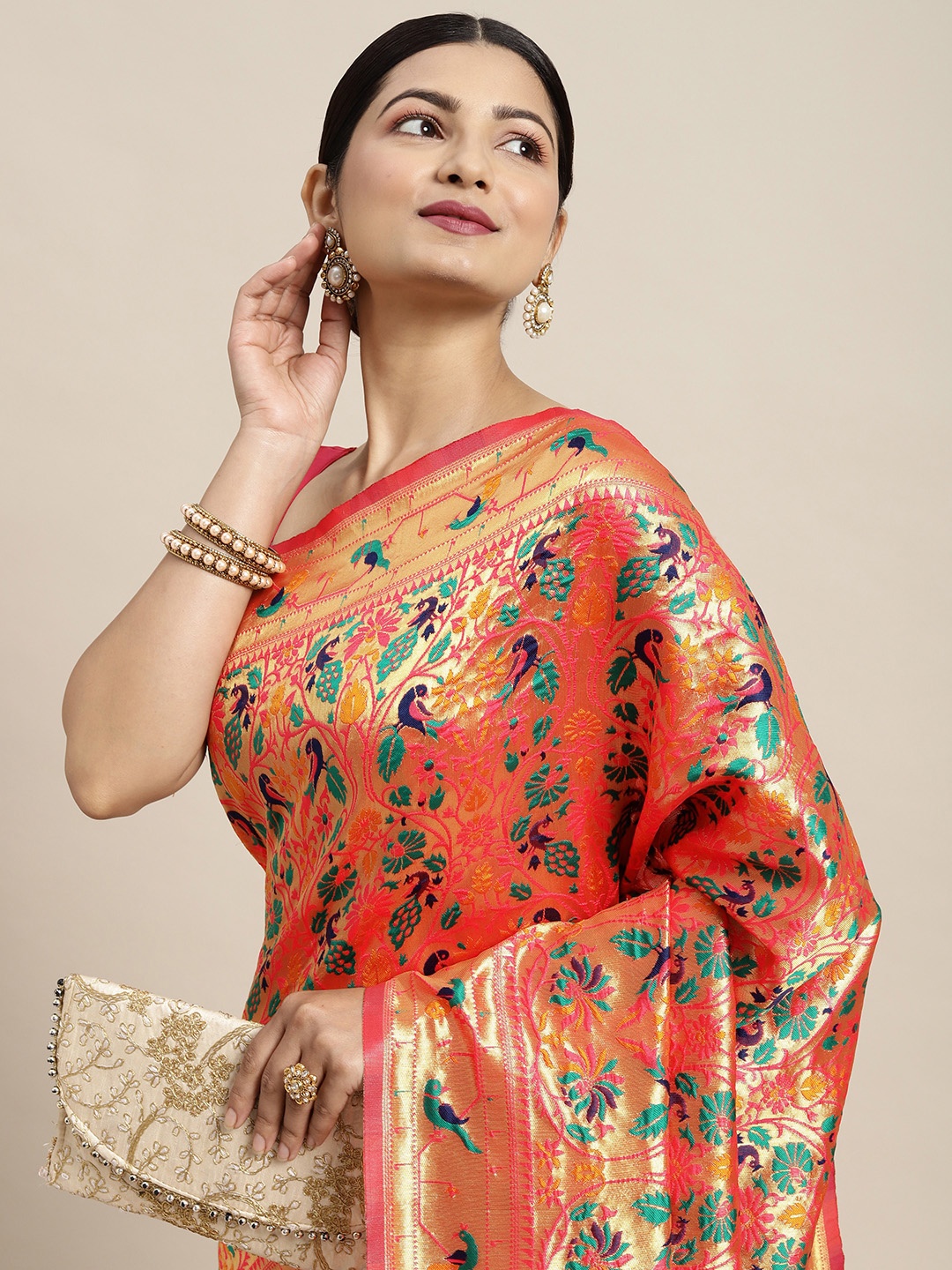 

Saree mall Pink & Rose Gold Ethnic Motifs Zari Silk Blend Paithani Sarees